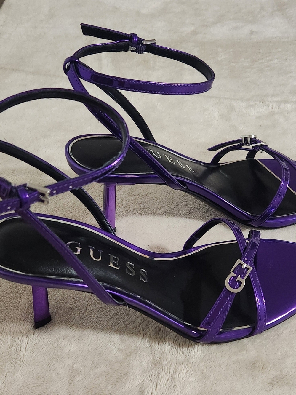 GUESS Purple Metallic Strappy Ankle-Heel Sandals